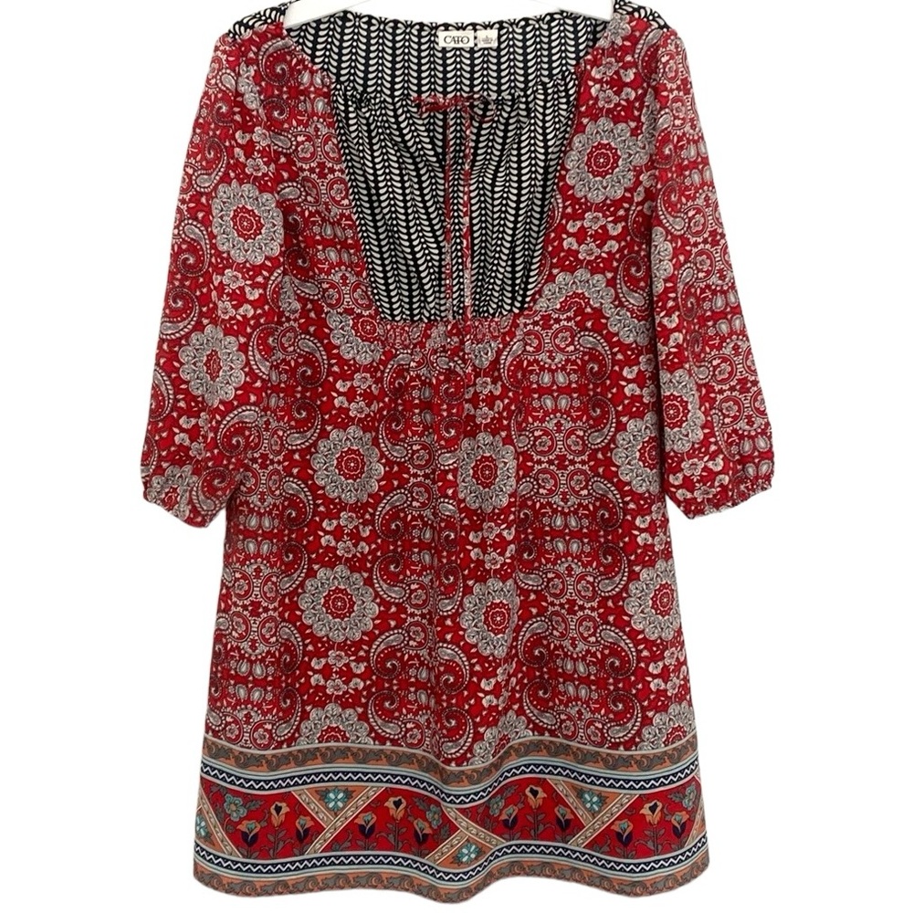 Cato Long Sleeve Tie Neck Knee Length Paisley Floral Dress